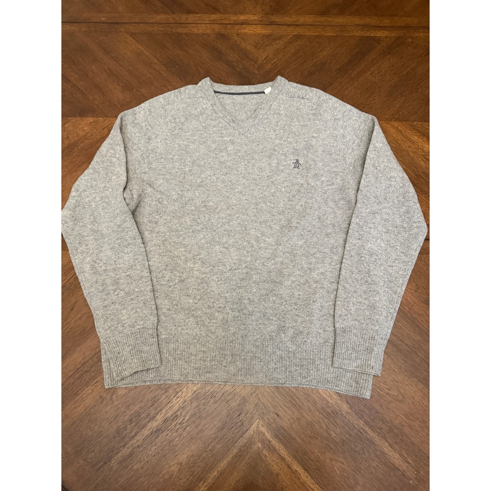 Original Penguin Mens V-Neck Sweater Gray 100% Lambswool Logo Knit Large